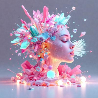 The primary subject of the image is a woman's head, which is the main focus of the scene. The setting is a futuristic environment, with the woman's head surrounded by a variety of colorful and abstract shapes, including crystals, bubbles, and other geometric patterns. The visual style of the image is a combination of digital art and illustration, creating a unique and vibrant atmosphere. The dominant colors in the image are pink, blue, and purple, which contribute to the overall mood